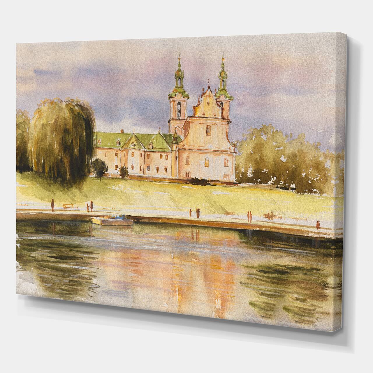 Designart - Historic Church On The Rock On Banks of The River - Lake House Canvas Wall Art Print